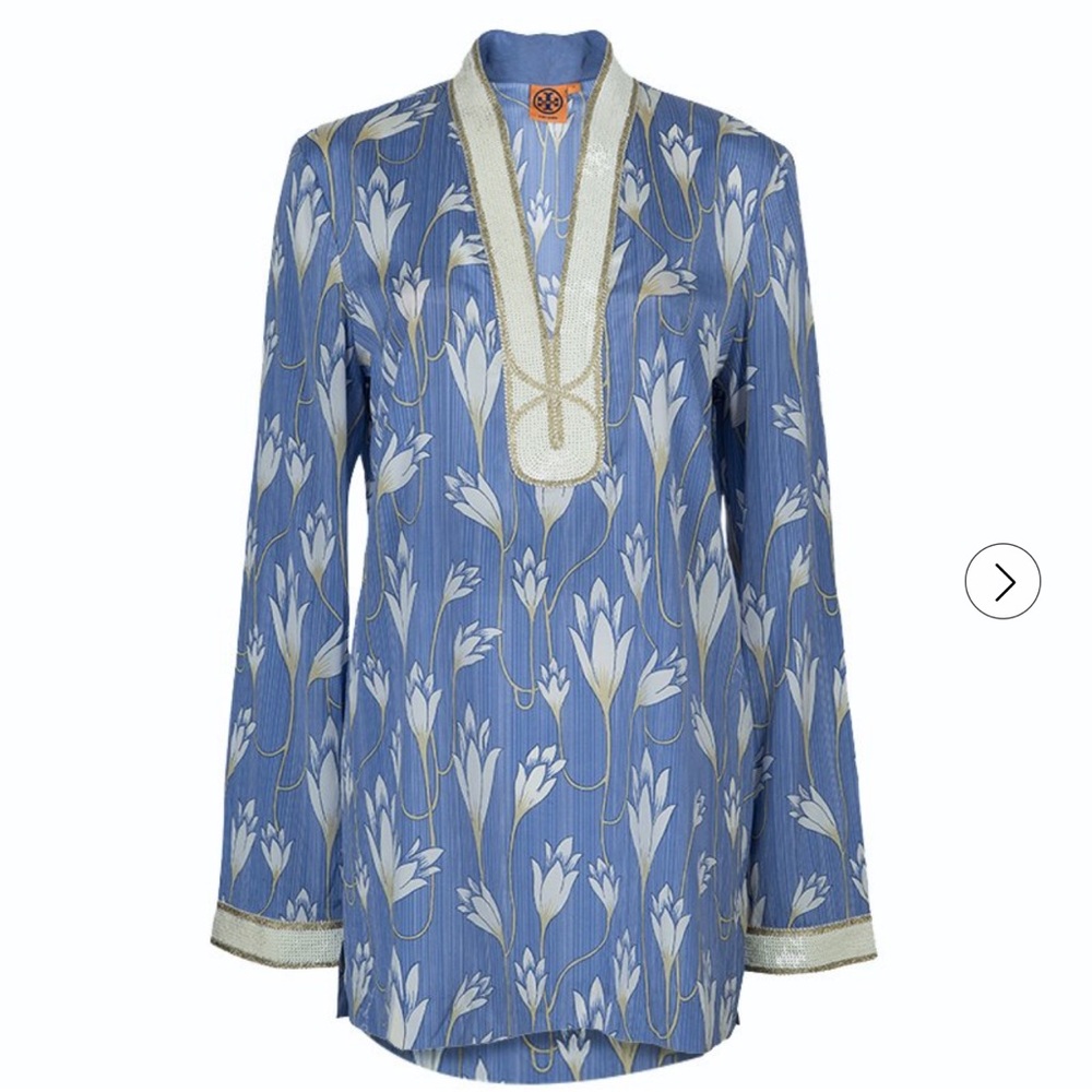 ⭐️NWT⭐️Tory Burch Sabrina Tunic Blue Floral V-Neck Long-Sleeve Tunic w Gold Trim